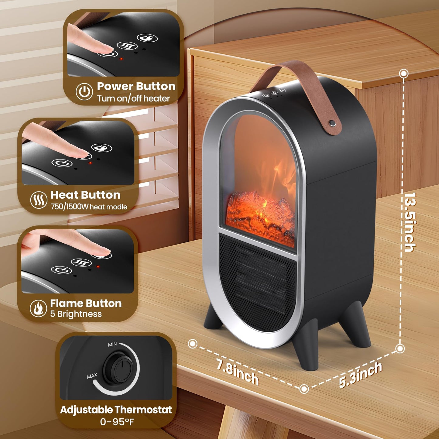 Riseon Small Space Heater for Indoor Use, 1500W/750W Portable Electric Fireplace Heater with 3D Flame, Ceramic Heating with Thermostat Overheat & Tipover Protection for Home Office Room Desk, Black