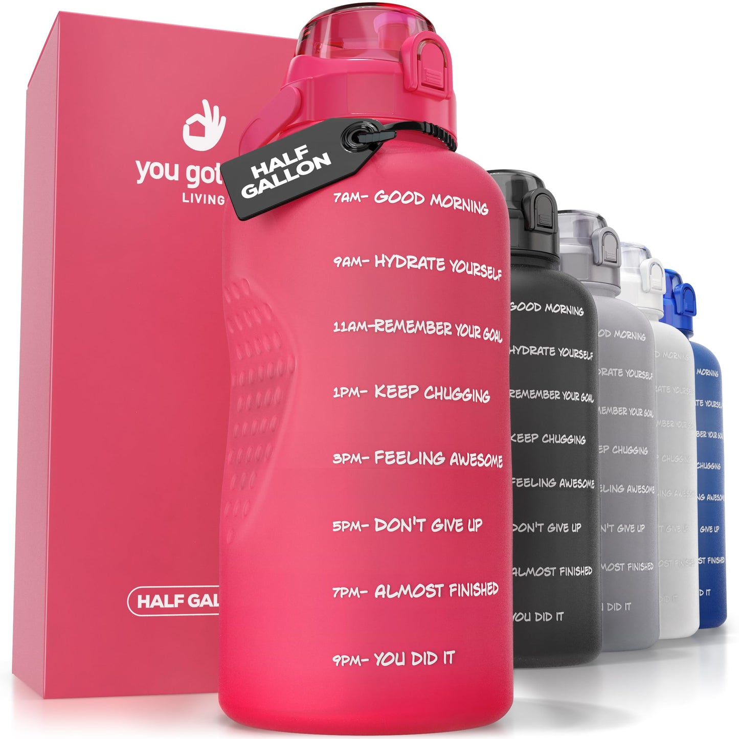 YOU GOT THIS LIVING Motivational Water Bottle with Time Marker,Half Gallon Water bottle with Straw 64 oz/2.2L Gym Water Bottle, Achieve All-Day Hydration SpillProof, BPA FREE