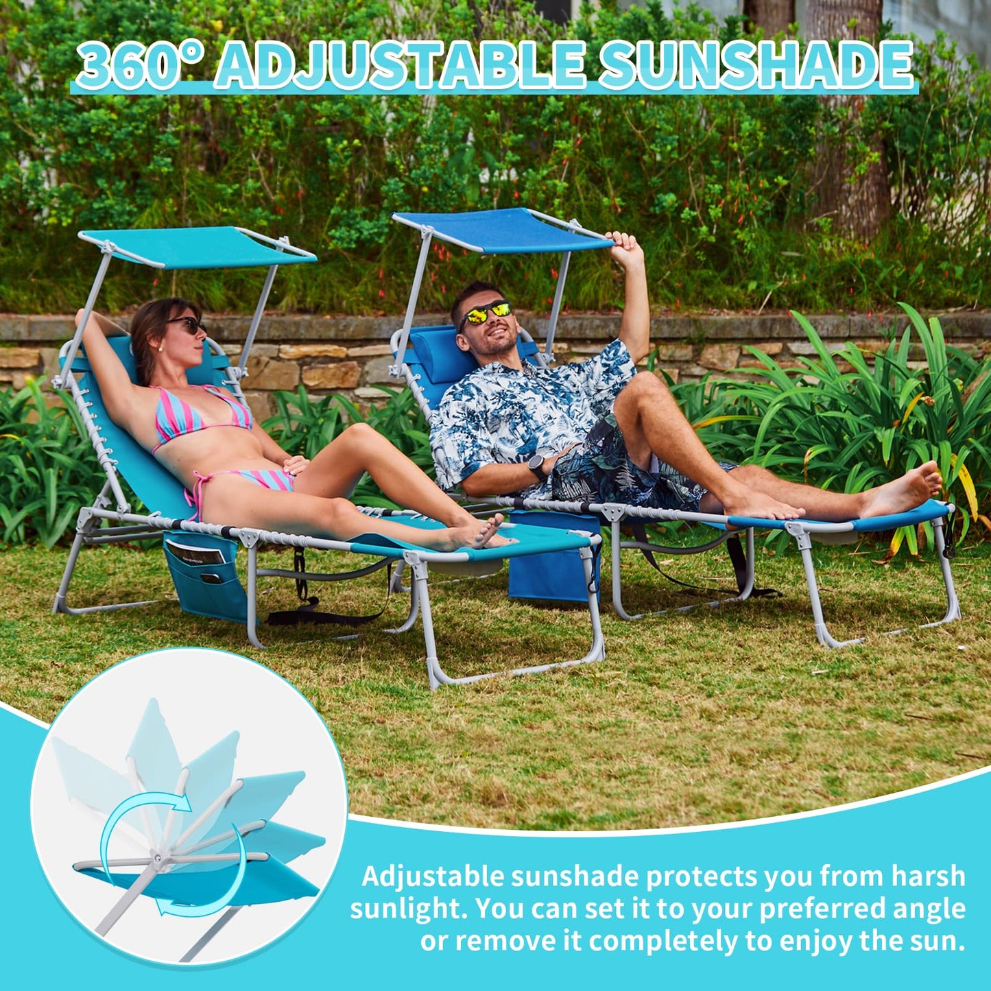 #WEJOY 3 in 1 Tanning Chair with Face Hole & Canopy, 300 lbs Heavy Duty 5 Positions Folding Face Down Lounge Chairs Outdoor with Pillow & Storage Bag Portable for Pool Beach Lawn Camping (Cyan)