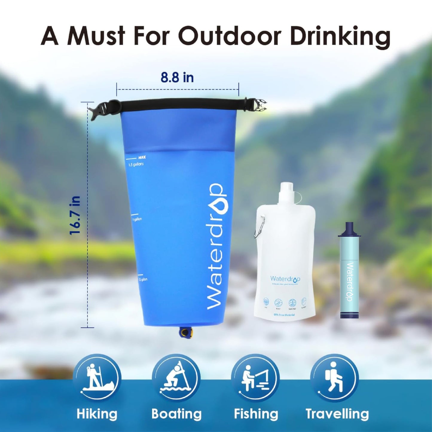 Waterdrop Gravity Water Filter Straw, Camping Water Filtration System, Water Purifier Survival for Travel, Backpacking and Emergency Preparedness, 1.5 gal Bag, 0.1 Micron, Light Blue