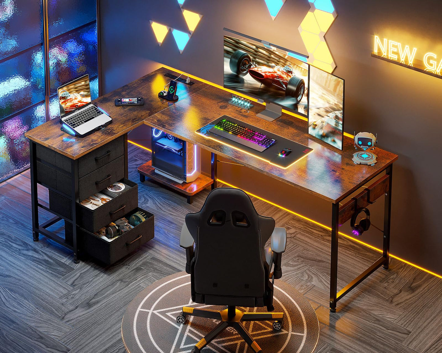 AODK L Shaped Desk with 4 Tier Drawers, 61" Reversible Gaming Desk with Power Outlets, L Shaped Computer Table with USB Charging Port and Host Stand, Home Office Table, Easy to Assemble, Vintage