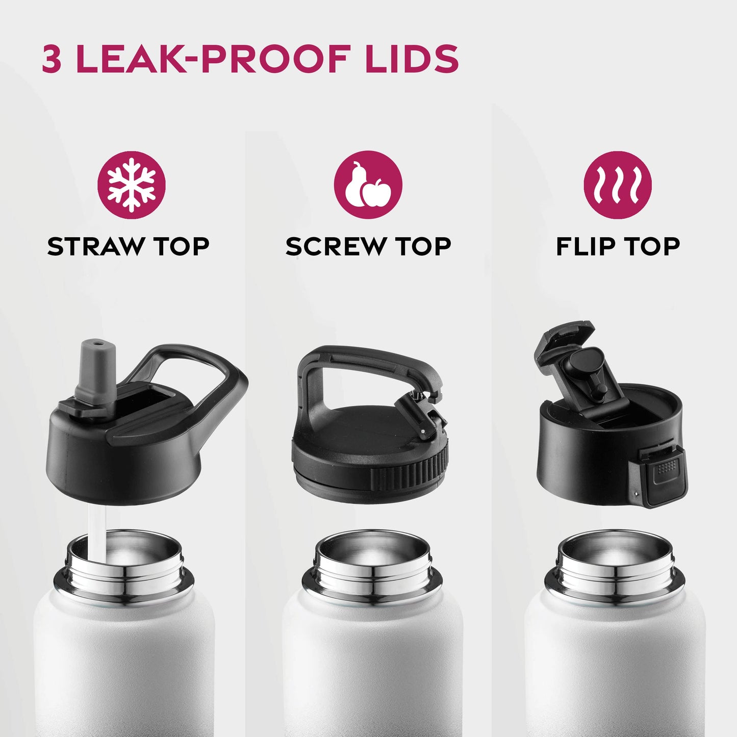 FineDine Triple Walled, Insulated Water Bottles with Straw - 25 Oz Stainless Steel Metal Bottle W/ 3 Leak Proof Lids - For Travel, School, Sports, Gym / Men, Women & Kids - Dreamy Black-White