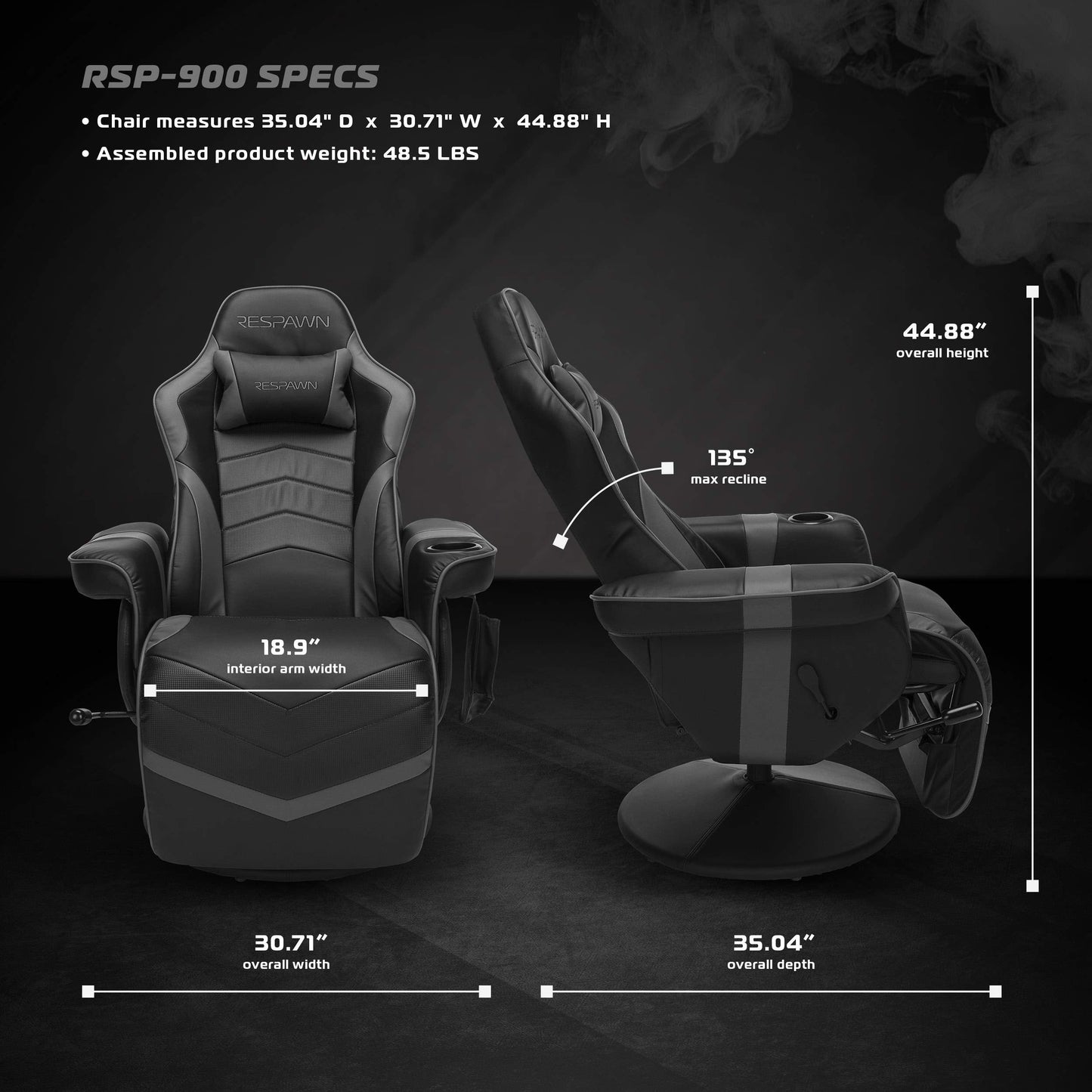 RESPAWN 900 Racing Style Gaming Recliner, Reclining Gaming Chair, in Gray RSP 900 GRY