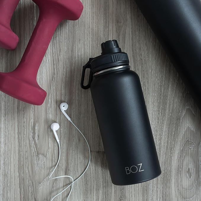 BOZ Stainless Steel Water Bottles 2 Pack Bundle - Blue Water Bottle + Black Water Bottle - Vaccum Insulated Water Bottles 32 Oz - Wide Mouth BPA Free Sport Water Bottles for Gym with Spout Lid