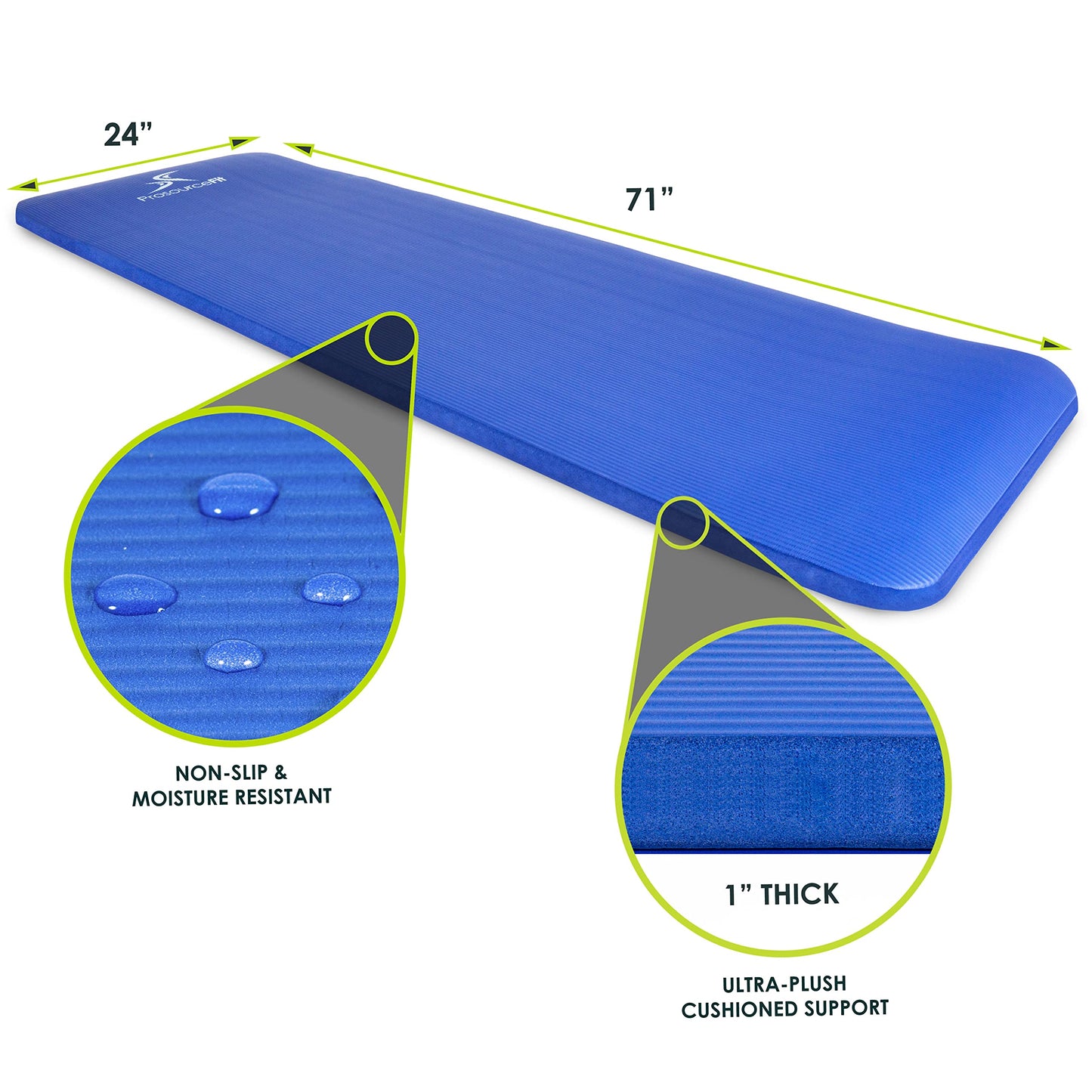 ProsourceFit Extra Thick Yoga and Pilates Mat ½” (13mm) or 1" (25mm), 71-inch Long High Density Exercise Mat with Comfort Foam and Carrying Strap, Blue