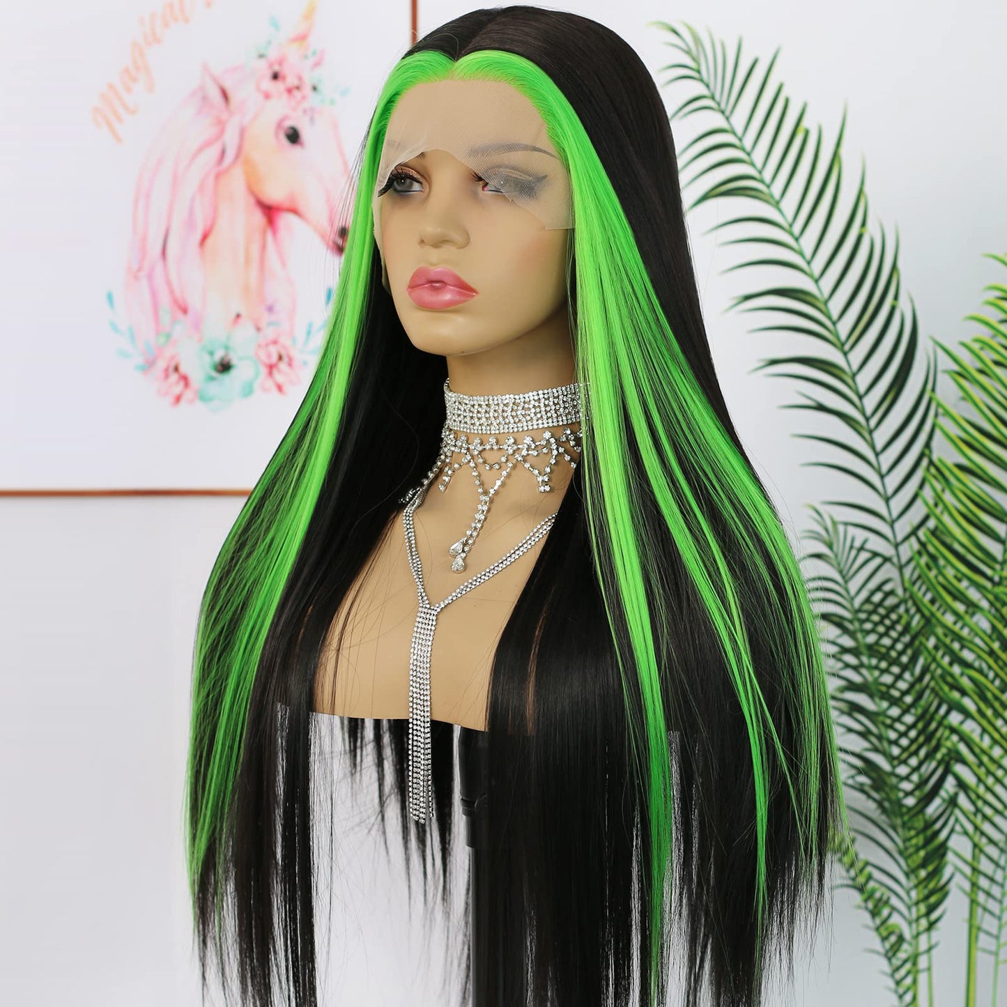 ANDRIA Lace Front Wigs Straight Hair Glueless Lace Wigs Synthetic Long Silk Straight Natural Wig Heat Resistant Fiber Black and Green Skunk Stripe Colorful Wig With Baby Hair For Black Women 24 Inches