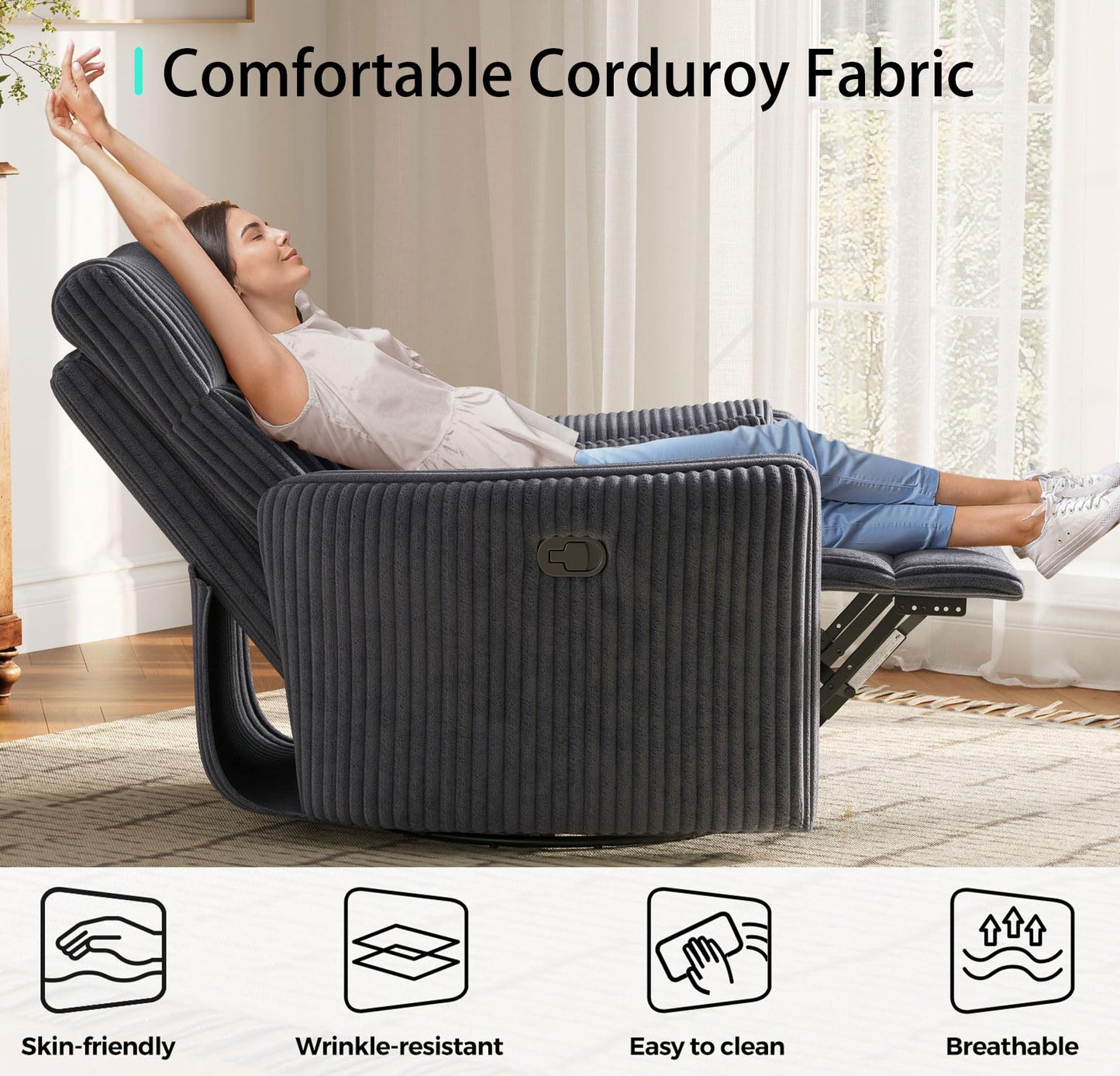 LINSY 360 Swivel Rocker Recliner - Corduroy Nursery Glider Rocking Chair with 2 Pillows, Comfy High Back Adult Recliner for Small Spaces, Nursery Bedroom Living Room Reclining Chairs (Grey)