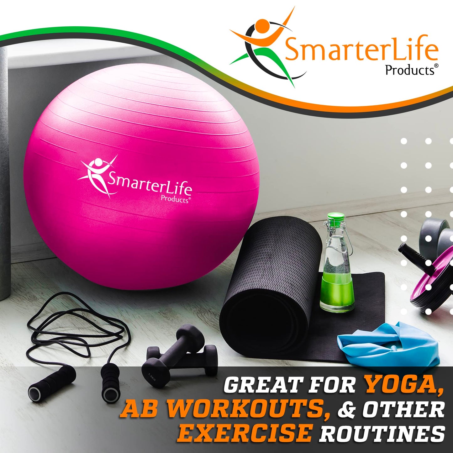 SmarterLife Workout Exercise Ball for Fitness, Yoga, Balance, Stability, or Birthing, Great as Yoga Ball Chair for Office or Exercise Gym Equipment for Home, Non-Slip Design (45 cm, Fuchsia)