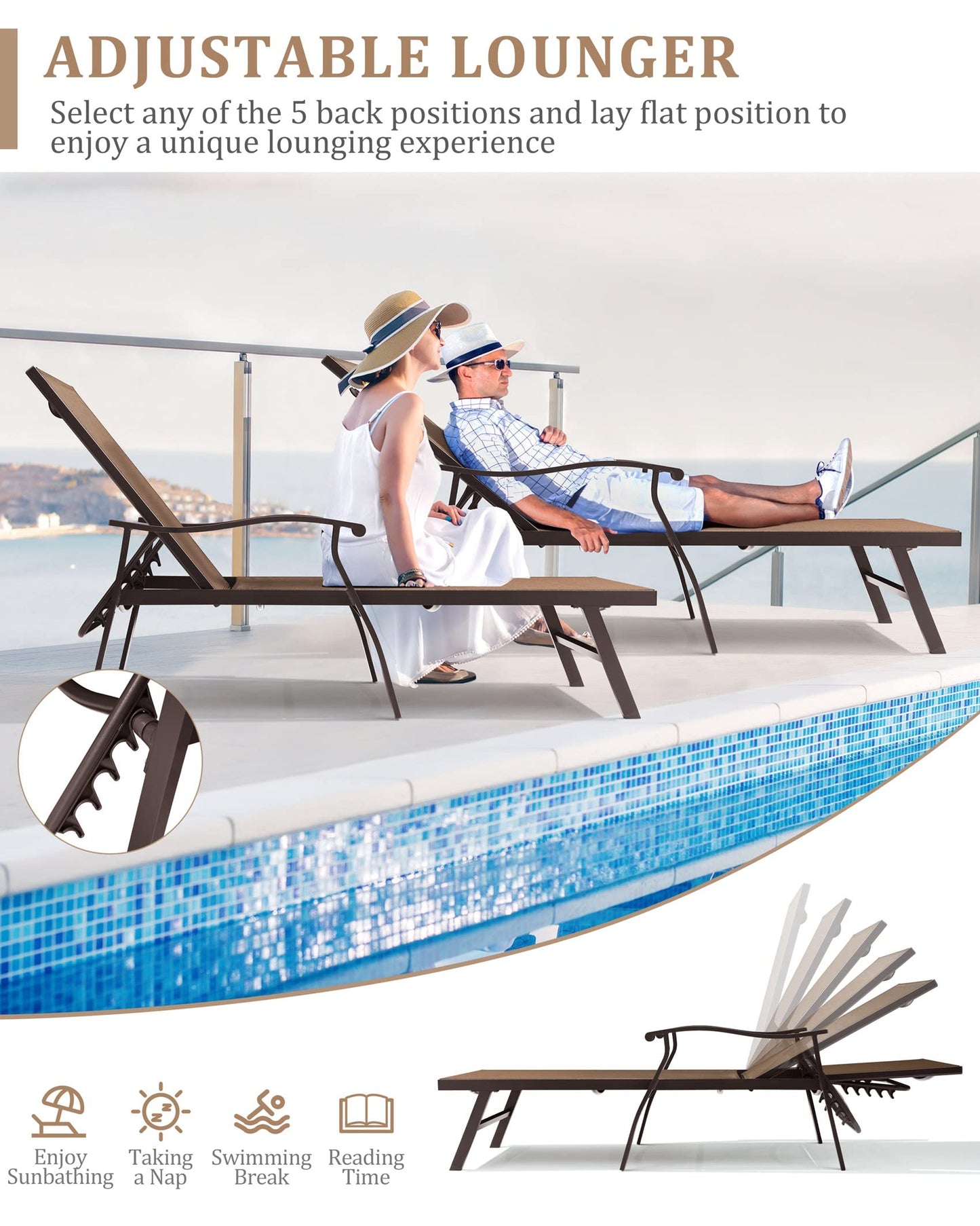 VredHom 2PCS Outdoor Chaise Lounge Chair, Patio Chaise 5 Position Adjustable Backrest Recliner Ergonomic Armrest All Weather Textiline Aluminum Chairs Set of 2 for Patio, Beach, Yard, Pool,Brown