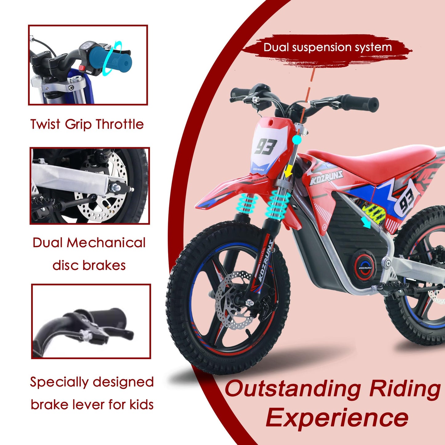 OLALA 36V Electric Dirt Bike for Kids Aged 4-8, Brushless 350W Racing Grade Electric Motorcycle, Up to 18.6MPH & 3 Speed Settings, Dual Disc Brakes, 14'' Off-Road Knobby Tires, Red