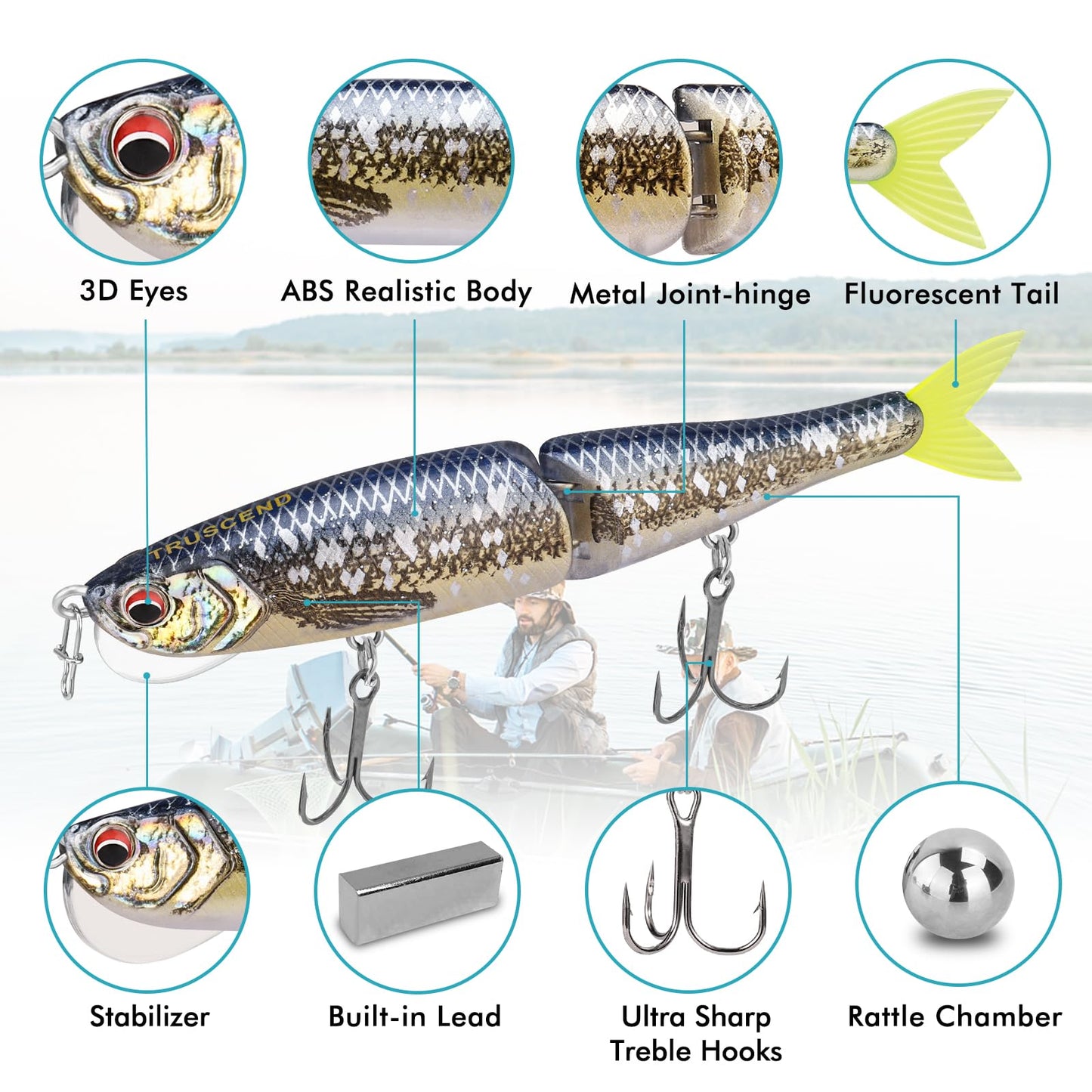 TRUSCEND Fishing Lures for Bass, Glide Baits with Vertical Tongue Design, Segmented Swimbaits Bass Fishing Lures for Saltwater Freshwater, Slow Sinking Plugs Lures for Bass Walleye Trout Pike Musky