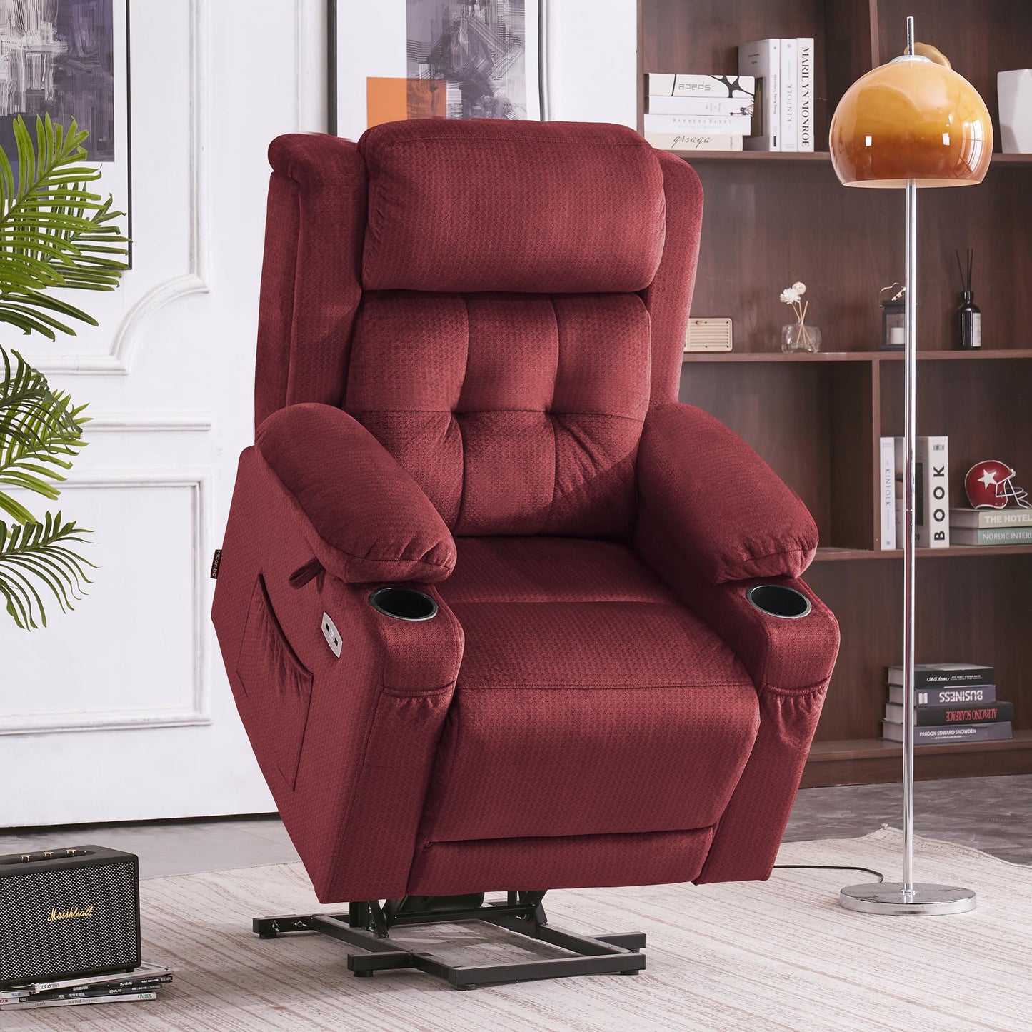 MCombo Small Triple Motor Power Lift Recliner Chair with Massage and Heat for Petite Elderly People, Adjustable Headrest, Infinite Position, USB Ports, Fabric 7664 (Burgundy, Small)