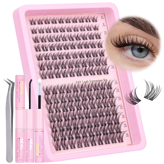 Natural Lash Extension Kit 8-16mm Lash Clusters Wispy Eyelash Clusters Waterproof Lash Clusters C Curl Cluster 144pcs with Bond and Seal Lash Glue and Eyelash Extension Tweezers DIY at Home