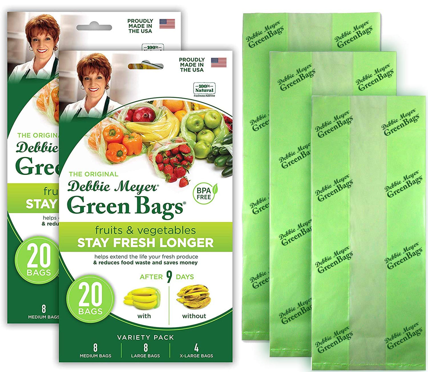 Debbie Meyer GreenBags 32-Pack (16M, 8L, 8XL) – Keeps Fruits, Vegetables, and Cut Flowers, Fresh Longer, Reusable, BPA Free, Made in USA