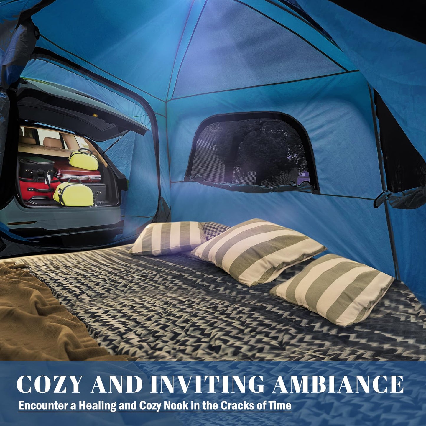 Qualencey SUV Tent, Dual Mode (Party & Privacy), Heavy-Duty Oxford Fabric, Sturdy Metal Frame, Quick Connect Setup for SUV/Jeep/Truck with Cap, All-Season Waterproof Camping Shelter (Blue)