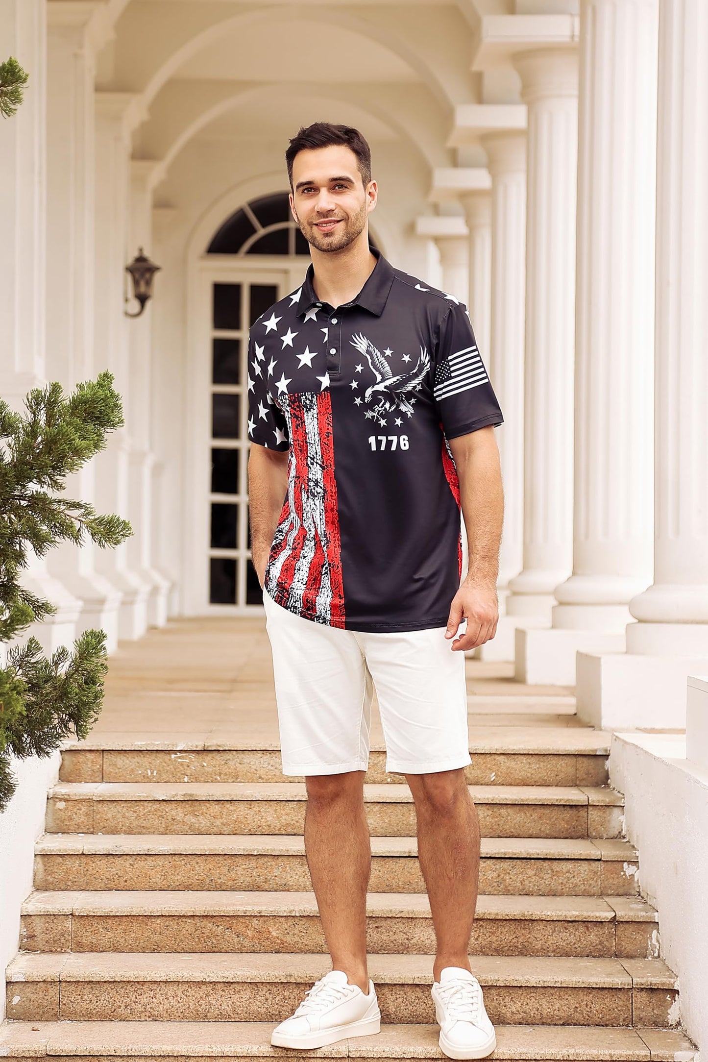 Seadodo Mens Patriotic Golf Shirts 1776 American Flag Printed Polo Shirt USA 4th of July Short Sleeve Outfit