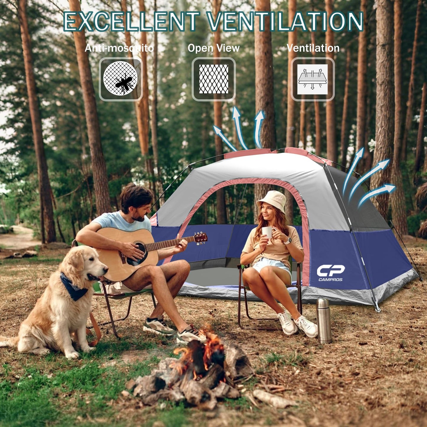 CAMPROS CP 4 Person Tent, Dome Tents for Camping with Rainfly, Waterproof Camping Tent Easy Set Up, Portable Family Tent with Large Mesh Window & Carry Bag for Outdoor Hiking