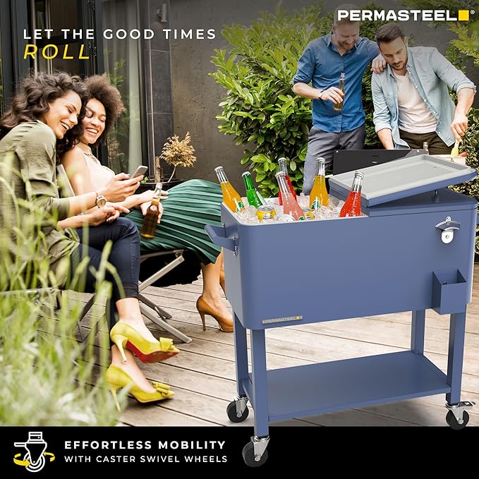 Permasteel Party Cooler with Removable Basin, Spacious 80-Qt Capacity, Rolling Ice Chest for Indoor and Outdoor Entertainment Azure + Bonus Cover