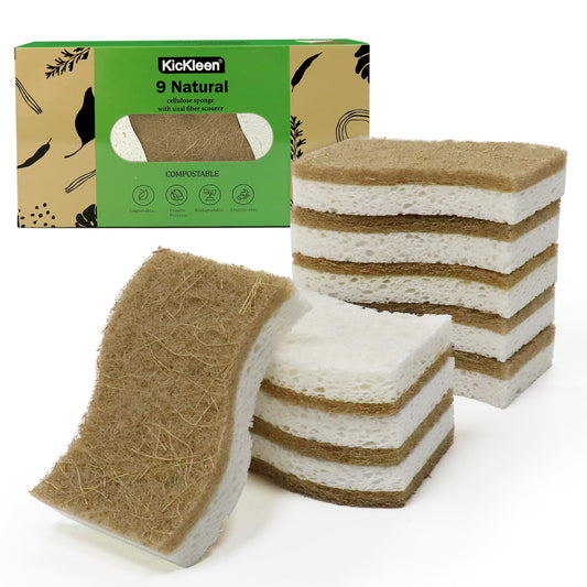 9 Pack Biodegradable Natural Kitchen Sponge - Compostable Cellulose and Coconut Walnut Scrubber Sponge - Eco Friendly Sustainable Sponges for Dishes