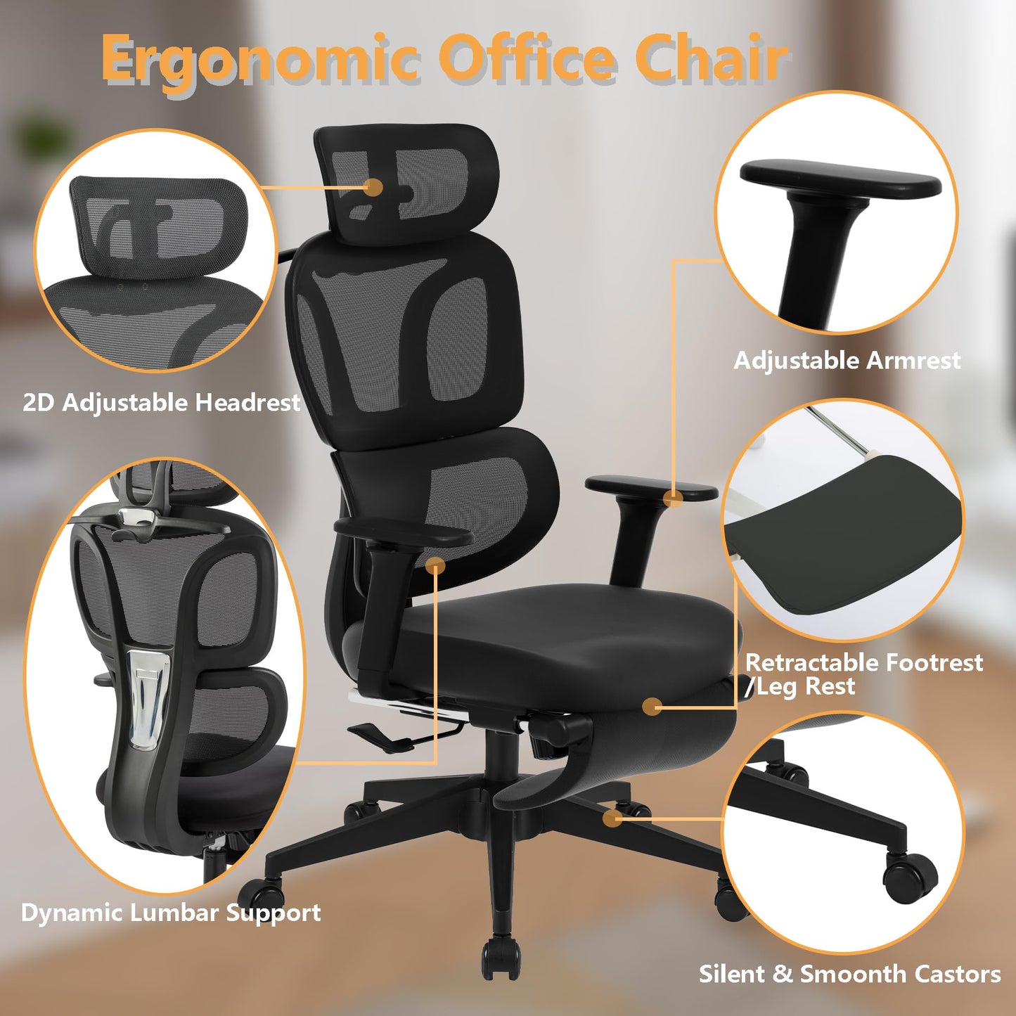 FLEXISPOT ErgoX-S Big and Tall Mesh Office Chair, Computer Desk Chair Adjustable Swivel Chair with Footrest Lumbar Support Headrest and 360°Rotation for Home Office,Mesh