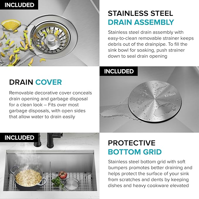 KRAUS KWU112-33 Kore Workstation 33-inch Undermount 16 Gauge Double Bowl Stainless Steel Kitchen Sink with Integrated Ledge and Accessories (Pack of 8)