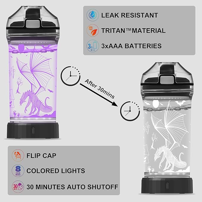 Ammonite Dragon 14 Oz Water Bottle with 3D Glowing LED Light - BPA Free Tritan - Travel Cup Gift for Back to School Boy Child Holiday Camping Picnic