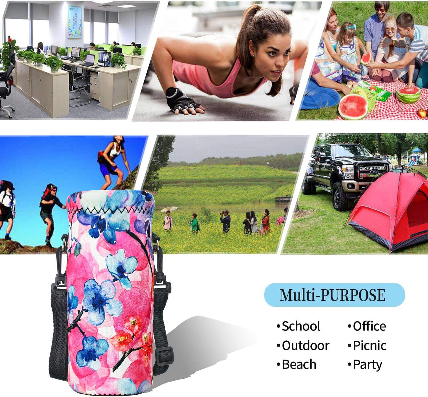 RICHEN Neoprene Water Bottle Carrier Bag with Adjustable Shoulder Strap,Insulated Water Bottle Cover for 500ml/16oz Stainless Steel/Glass/Plastic Bottles (Watercolor Flowers,500ML)