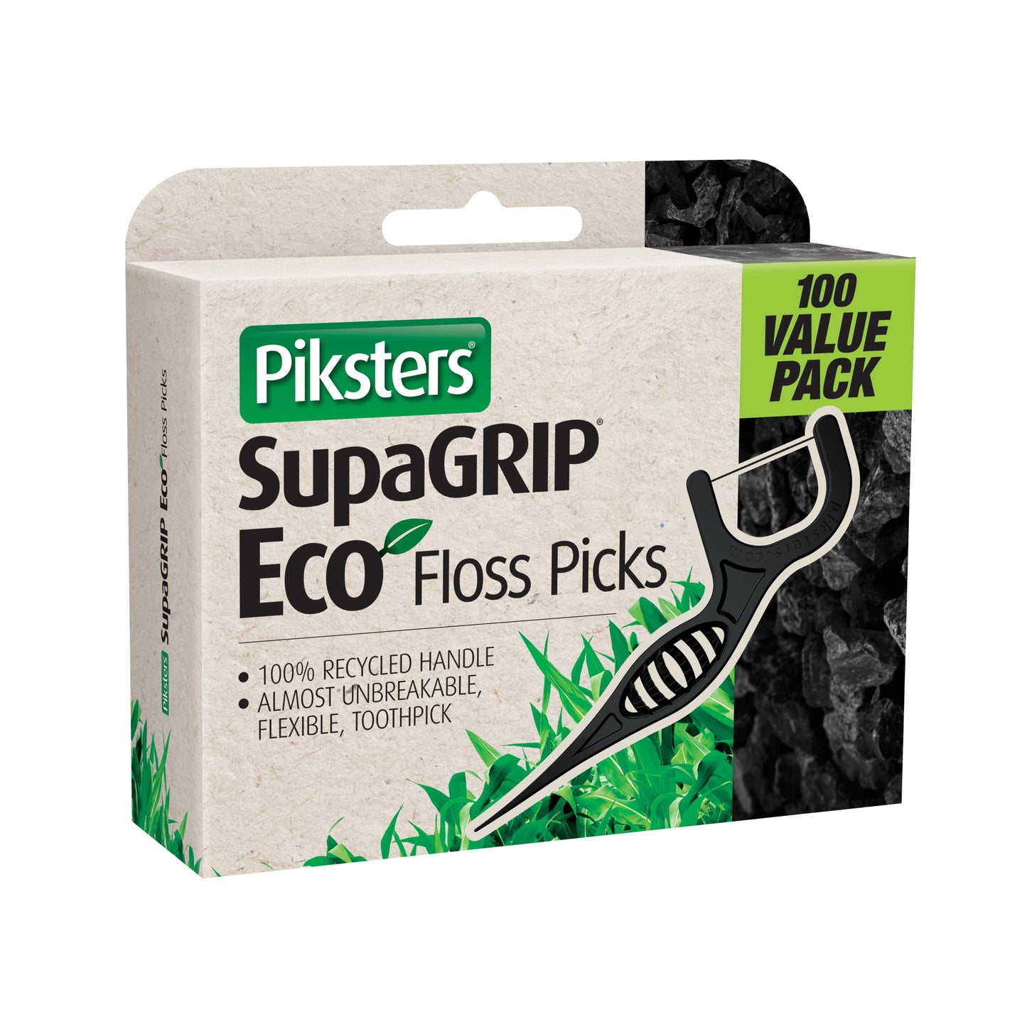 Piksters SupaGRIP Eco Floss Picks 100 Count Value Pack - 100% Recycled Easy Grip Handle, 2 in 1 Dental Picks for Teeth Cleaning and Gum Health, Nearly Unbreakable