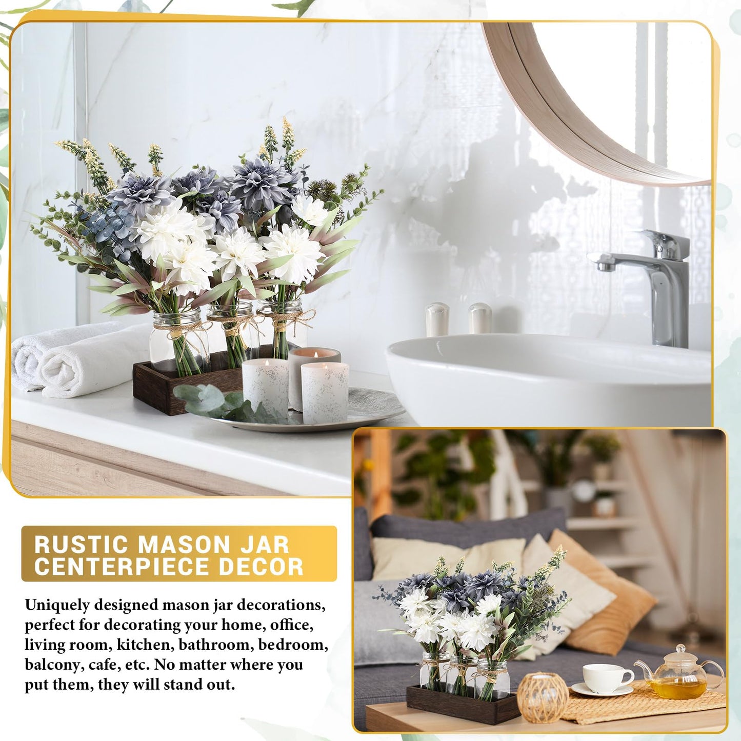 Baderke 3 Pcs Mason Jar Centerpiece Table Decorations, Fake Flowers Artificial Blue Flowers, Rustic Spring Centerpieces Decor with Wood Tray and Light, Table Decorations for Home Kitchen Living Room