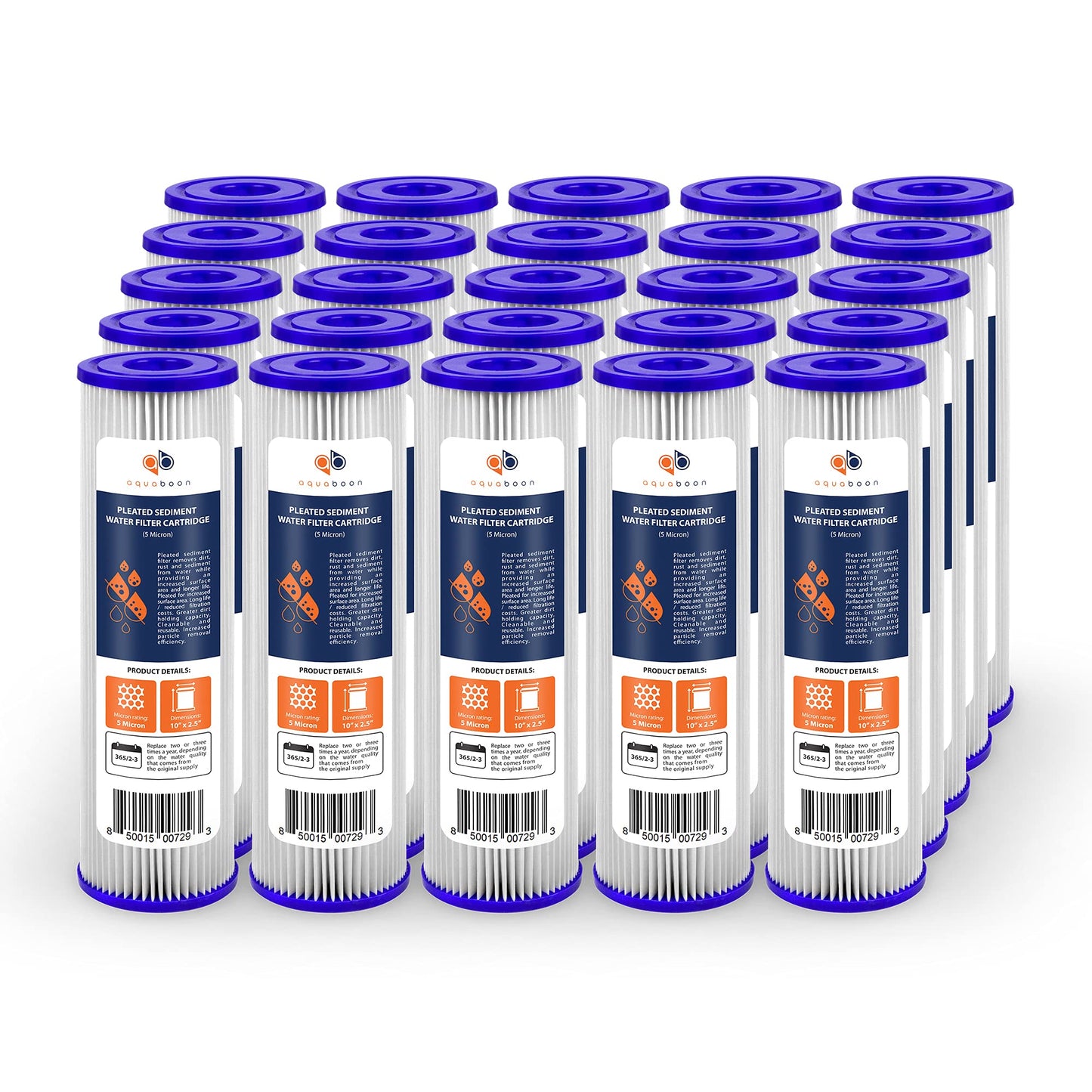 Aquaboon 5 Micron 10x2.5 Whole House Pleated Sediment Filter Cartridge for Well Water Filter Replacement Compatible with WFPFC3002, WHKF-WHPL, 25-Pack