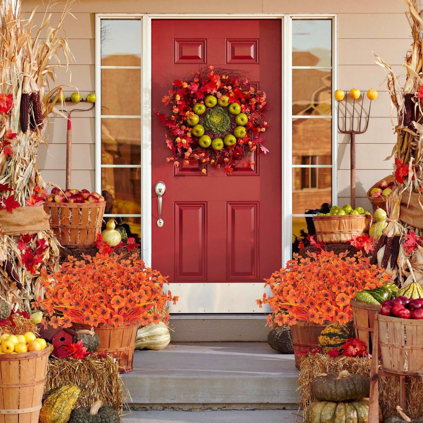 Artificial Fall Flowers for Outdoors, 20 Bundles Faux Plants No Fade Plastic Shrubs Autumn Decor Farmhouse Home Garden Thanksgiving (Fall Orange)