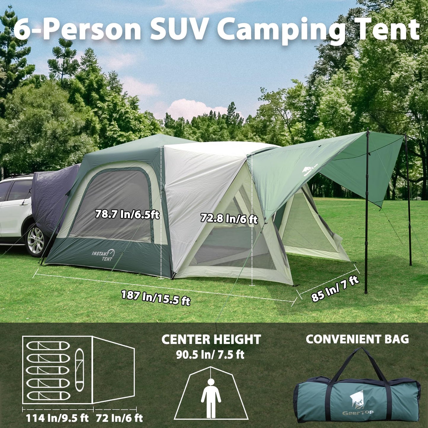 GEERTOP Large Instant SUV Tent for Camping 6 Person Car Tailgate Tent Attachment to SUV with 6' x 7' Screen Room Vestibule Awning Porch