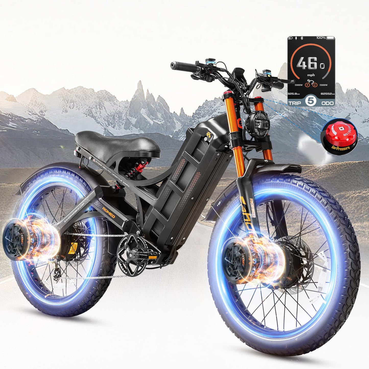eAhora 2025 Romeo Pro 2 4000W 46Mph Electric Bike for Adults, 52V/70Ah 200+Miles Long Range Ebike, 26 * 4.0" Fat Tire Full Suspension Electric Mountain Bike Black