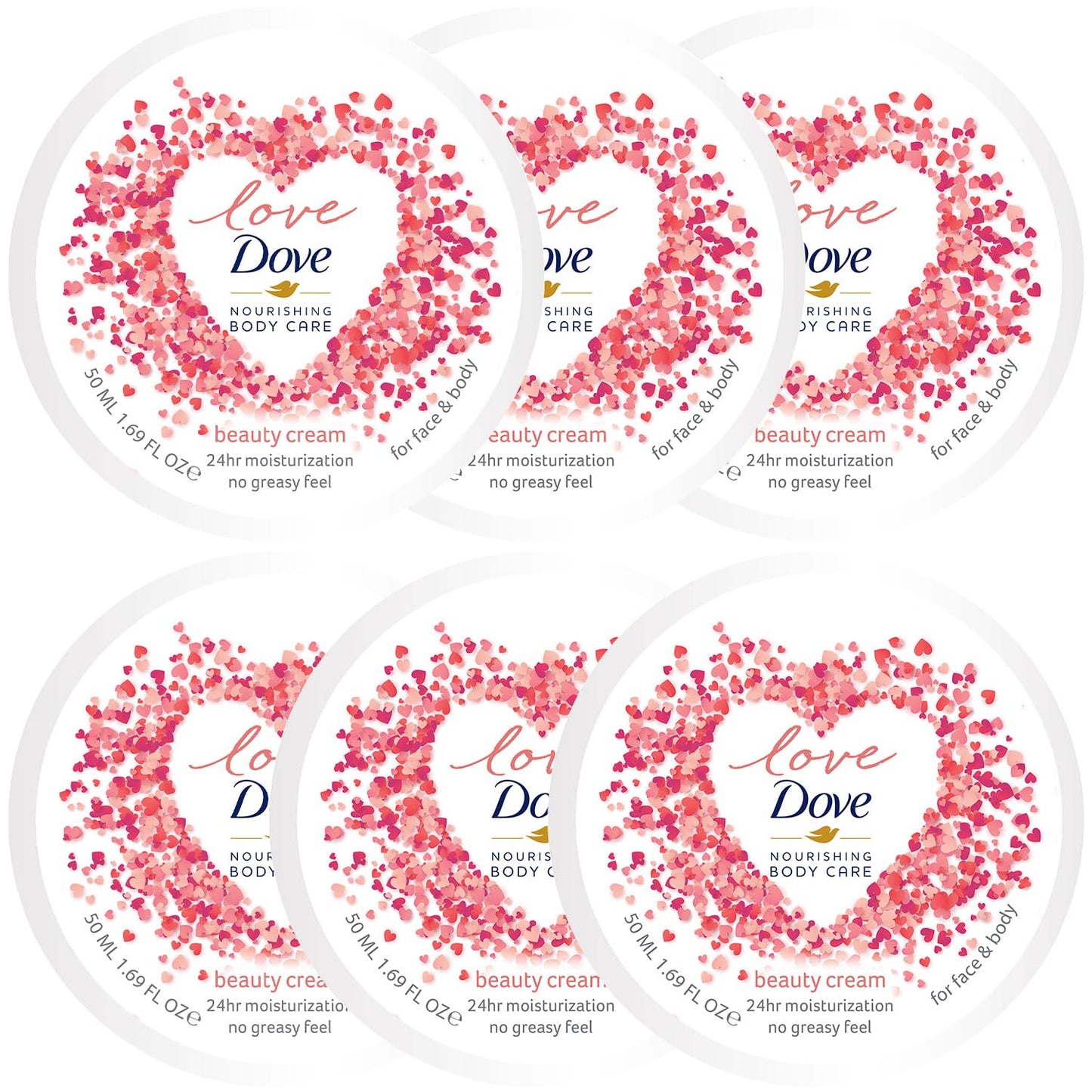 Dove Body Love Beauty Cream, Face & Body, 6-Pack – 24H Moisturizing Cream for Dry Skin, Travel-Size, 1.69 Fl Oz Ea