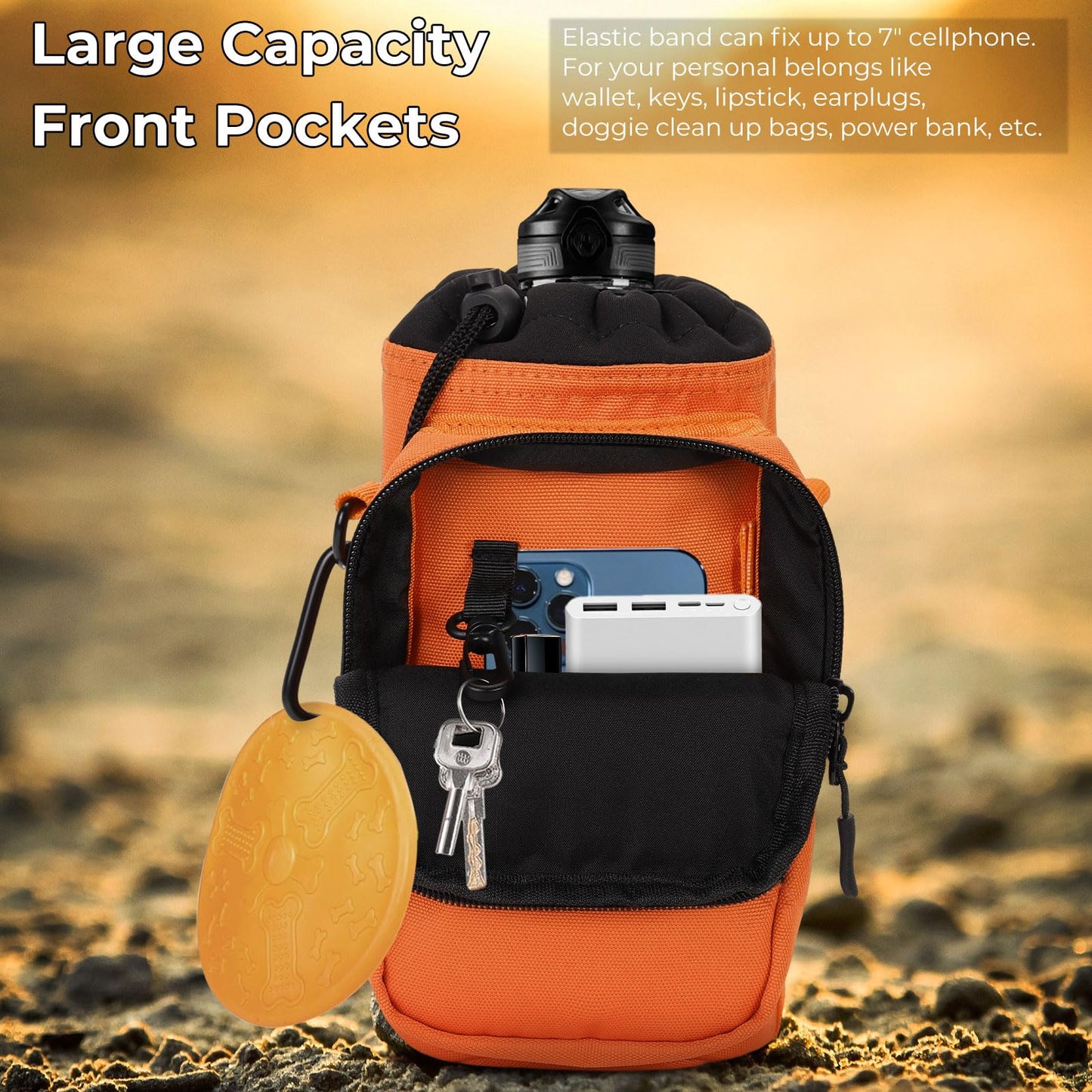 Nuovoware Water Bottle Carrier, 40oz Bottle Carrier Sports Water Bottle Holder with Adjustable Shoulder Strap, 2 Pockets Flask Sling Bag Drawstring Pouch for Hiking, Orange