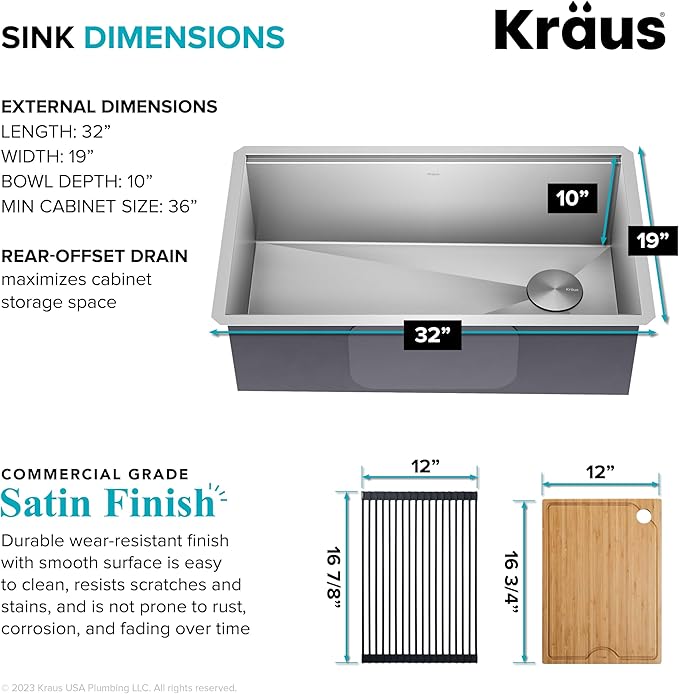 Kraus KWU110-32 Kore inch Undermount 16 Gauge Single Bowl Stainless Steel Kitchen Integrated Ledge and Accessories (Pack of 5), 32 Inch, 32"-Workstation Sink