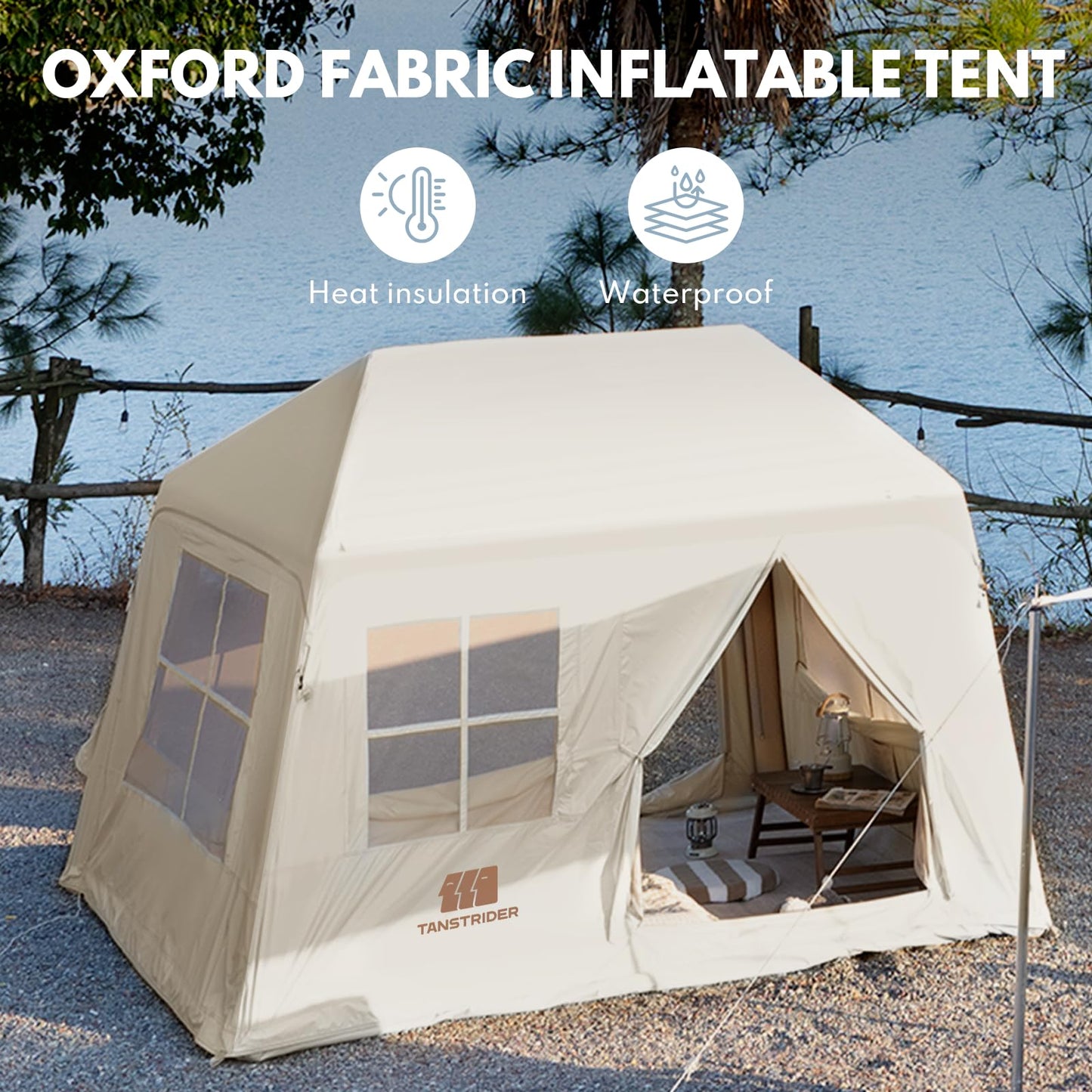 Inflatable Tents for Camping, Blow Up Tent with Hand Pump, 3-4 Person Air Glamping Tent with Canopy, Easy Setup 4 Season Waterproof Windproof Outdoor Glamping House(Brown)
