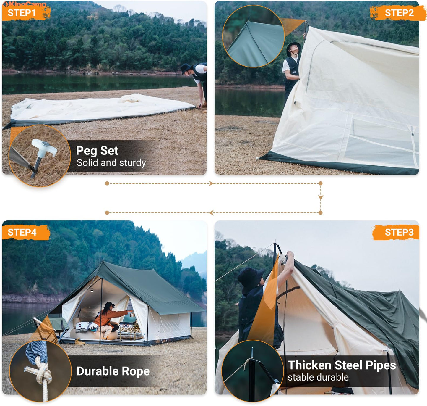 KingCamp Canvas Cabin Tent with Large Windows, Waterproof & Breathable 3/4 Season Tents, Easy Setup Glamping Tent with Carry Bag, for Camping, Picnic Olive Green