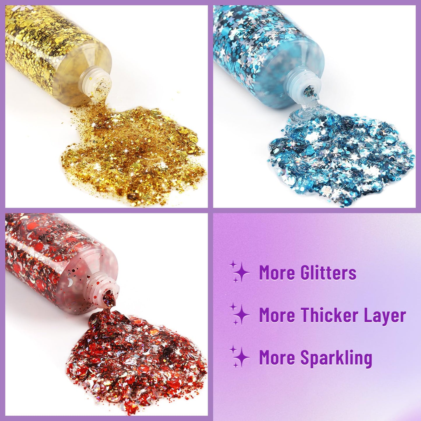 BADCOLOR Gold Blue Red Face Body Glitter Set, Holographic Shimmer Chunky Glitters for Hair Nails Eye Lips, Music Festival Concert Rave Accessories Party, Sparkling Mermaid Sequins Gel Makeup Kit