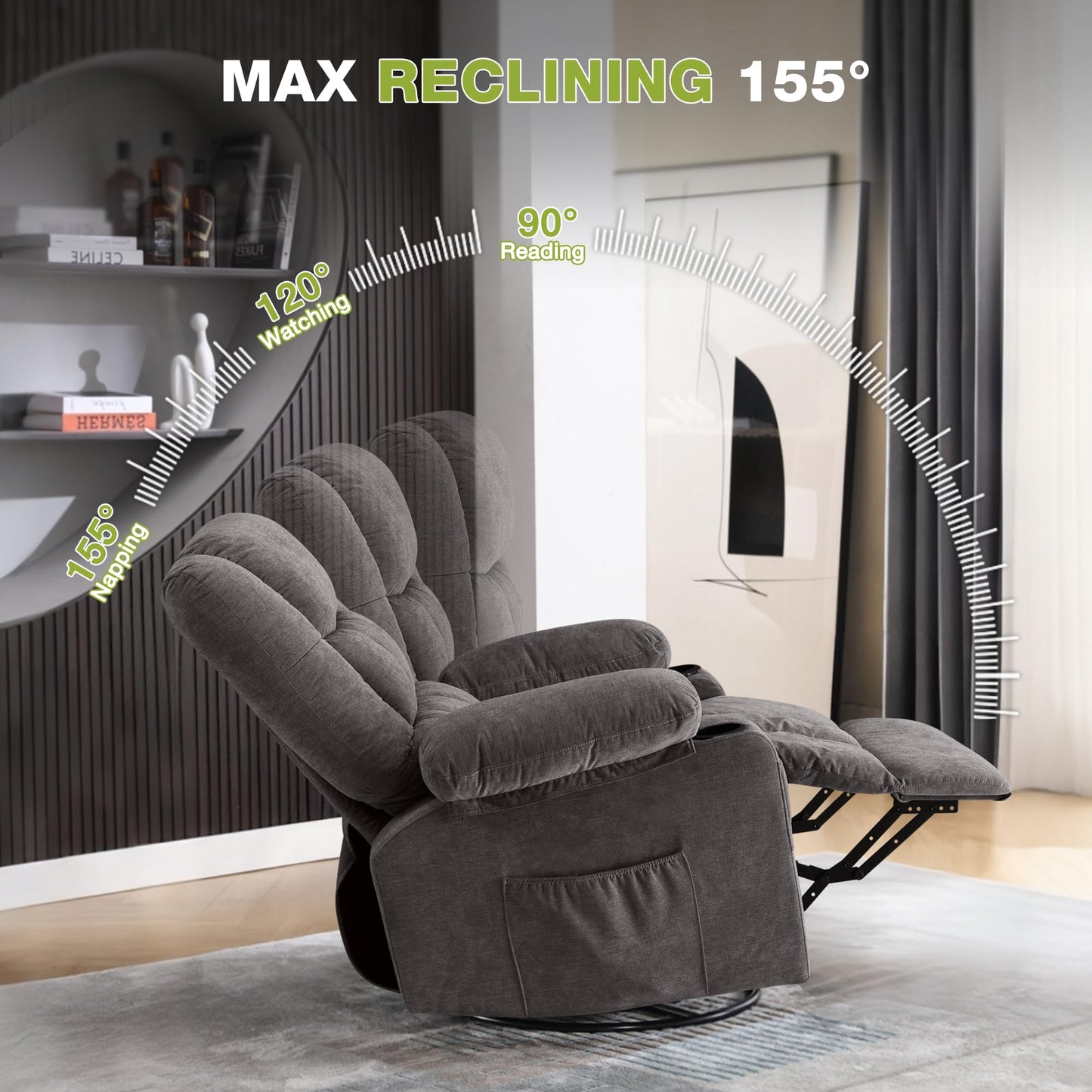 Power Swivel Recliner Chair with Ergonomic for Adults, Oversized Recliner Single Sofa with Rocking Function, Side Pocket, Two Cup Holders and Remote Control for Living Room