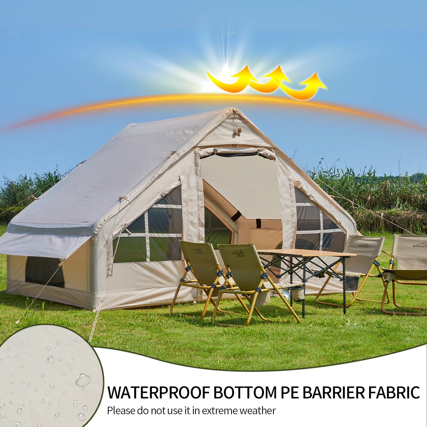 Inflatable Tent with Pump, 4-6 Person Glamping Camping Tents House, Easy Setup Blow Up Family Tents for 4 Seasons Waterproof Inflatable Tent for Camping with Mesh Windows.