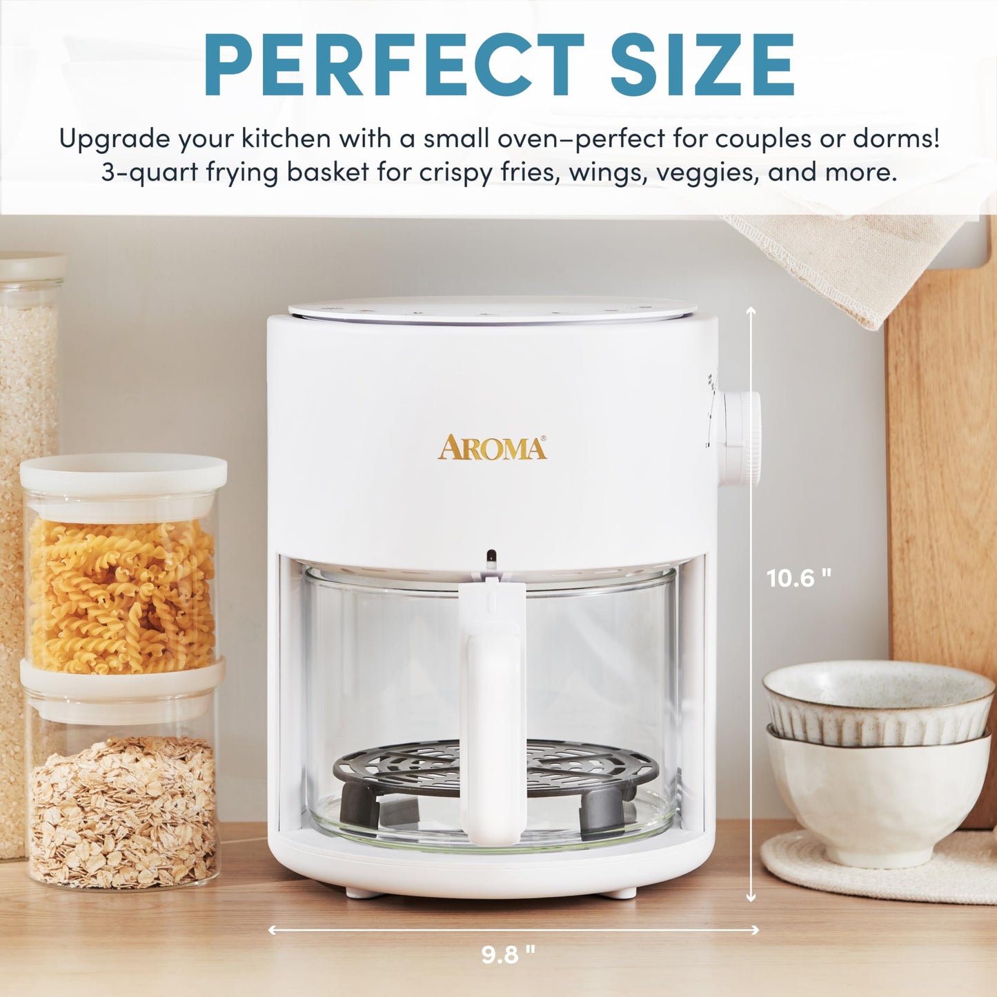 AROMA® Glass Air Fryer and Countertop Convection Oven with Powerful 360Crispy™ Technology (3 Quart), White