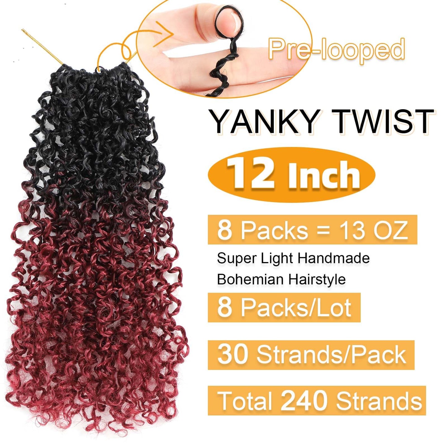Aksice Yanky Twist Crochet Hair Burgundy 12 Inch 8 Packs Bohemian Passion Mini Twist Crochet Hair Pre-looped Crochet Braids Plus Yanky Twist Hair Extensions for Women (1B/BUG#)