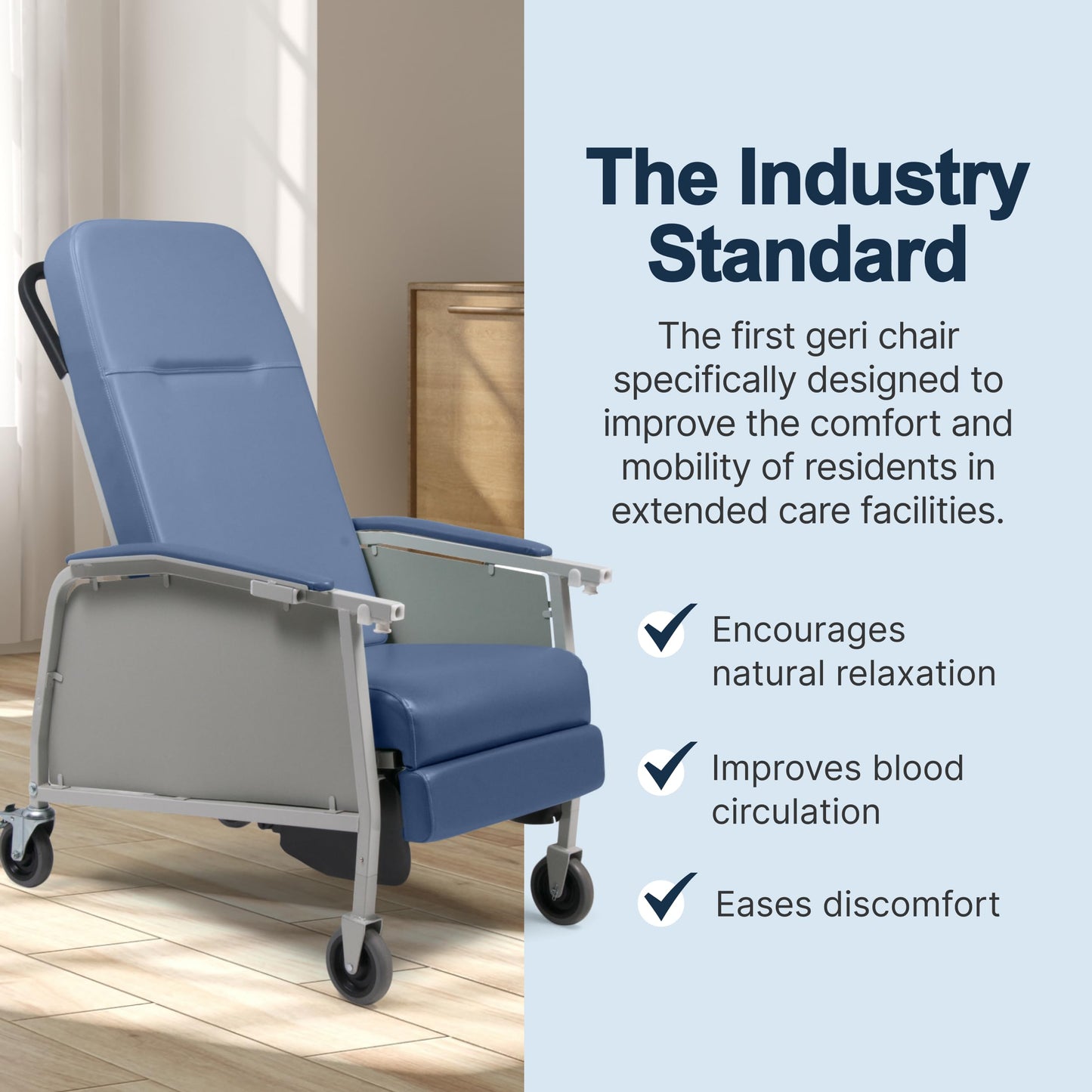 Lumex 3-Position Medical Recliner, Reclining Geri Chair with Wheels, Blue Ridge