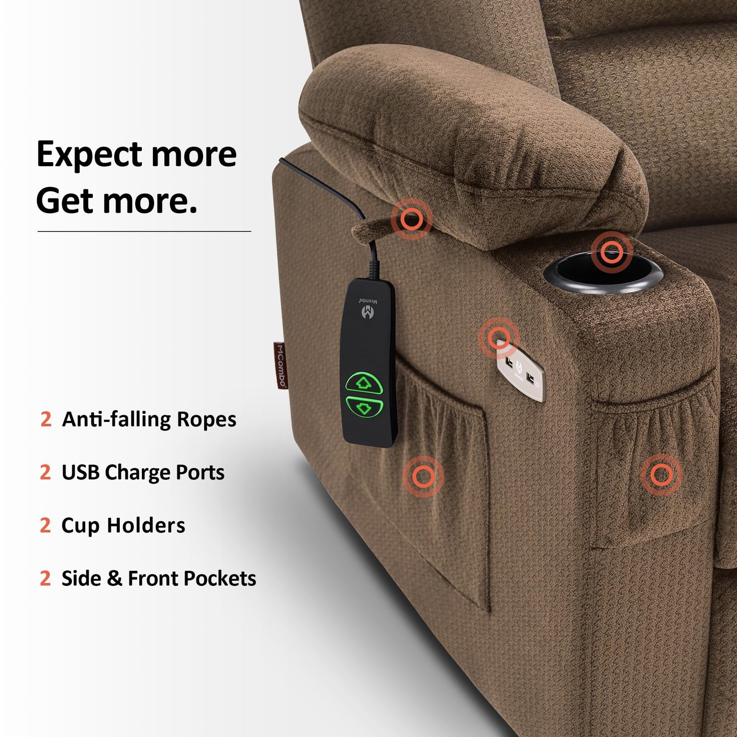 MCombo Large Power Lift Recliner Chair Sofa with Massage and Heat for Big and Tall Elderly People, 3 Positions, Cup Holders, and USB Ports, Fabric 7549 (Large, Brown)