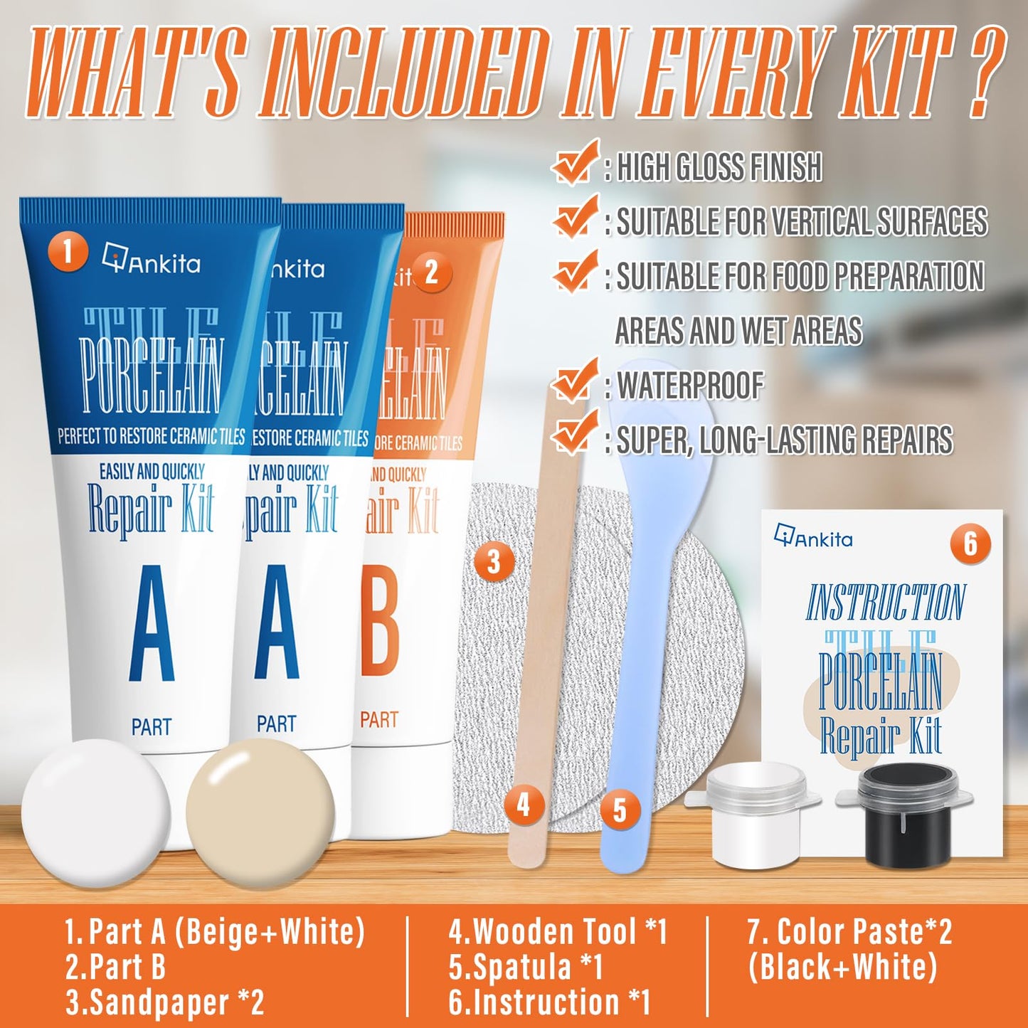 Ankita Ceramic Tile Repair Kit (Beige/White Kit), Tile Repair Kit with Super Strong Adhesion, Floor Cracked Tile Filler for Cracks, Chips, Holes on Ceramic, Porcelain, Acrylic, Fiberglass, Enamel