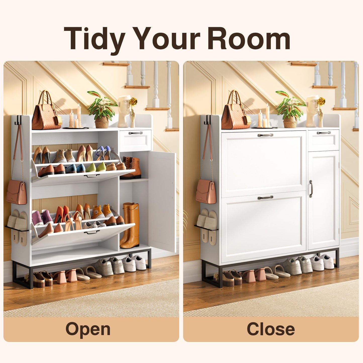 Ahomly 42" White Shoe Cabinet - 2 Flip Drawers (Adjustable), Side Cabinet, Storage Drawer & Open Top - Side Hooks for Shoes & Accessories - Space-Saving Entryway/Hallway Organizer