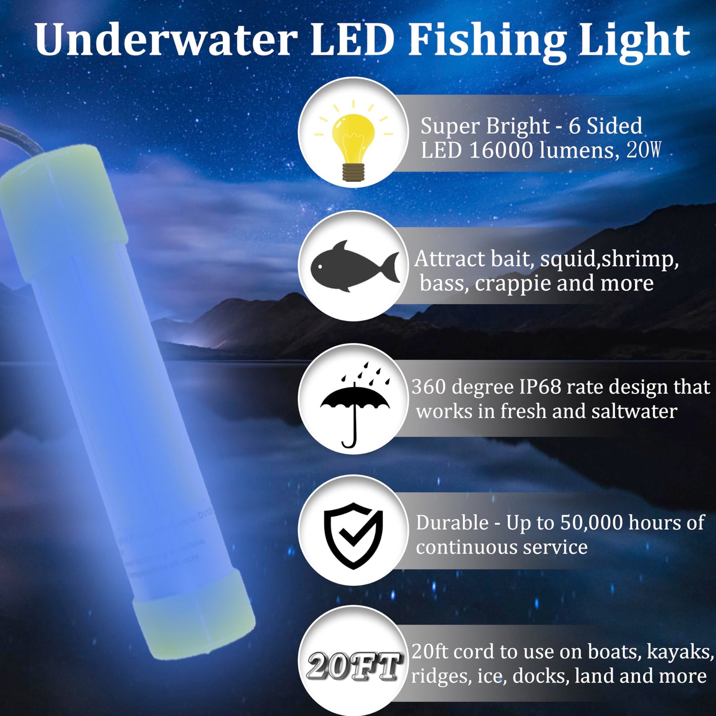 Underwater Fishing Light Super Bright 16000 Lumens 20W 12V LED Submersible Fishing Bait Finder Night Fishing Light Deep Drop Light Boat Decorative Light for Shrimp, Prawns, Squid and Fish (Blue)