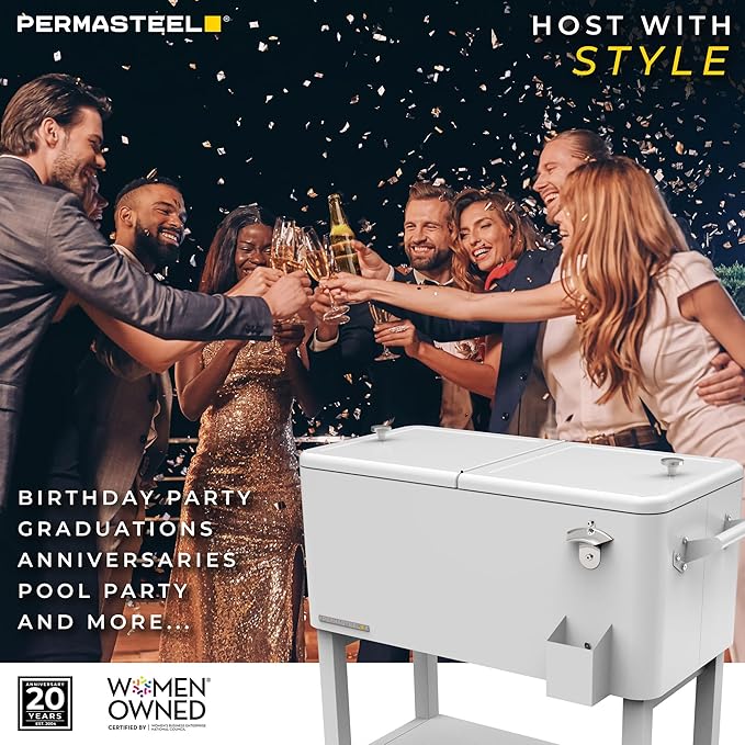 Permasteel Party Cooler with Removable Basin, Spacious 80-Qt Capacity, Rolling Ice Chest for Indoor and Outdoor Entertainment White + Bonus Cover