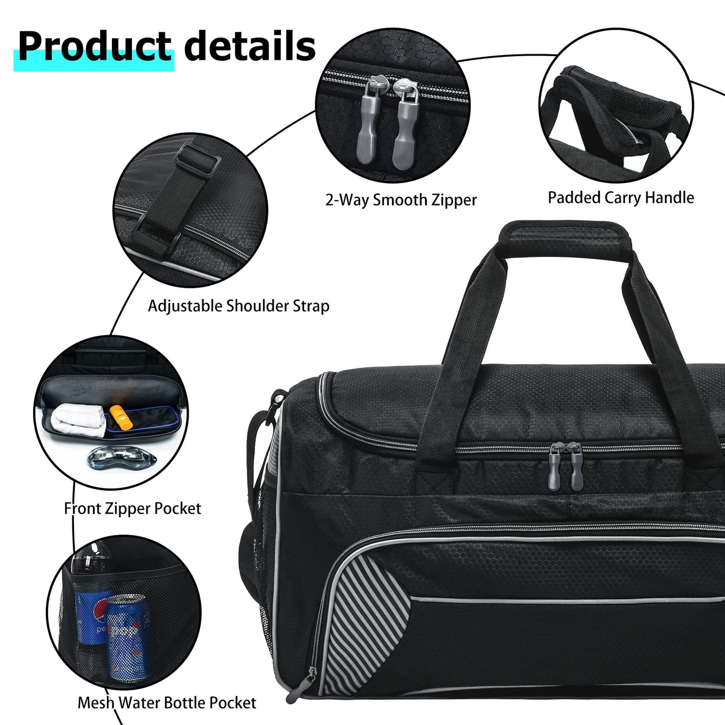 Uarition Mens Gym Bag 21 inch Large Overnight Weekender Duffle Bag for Travel Sport-Black/Grey